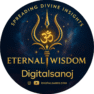 Circular logo of DigitalSanoj featuring a golden Trishul and Om symbol in a cosmic blue background, with the slogan "Spreading Divine Insights" and the text "Eternal Wisdom | DigitalSanoj