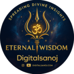 Circular logo of DigitalSanoj featuring a golden Trishul and Om symbol in a cosmic blue background, with the slogan "Spreading Divine Insights" and the text "Eternal Wisdom | DigitalSanoj