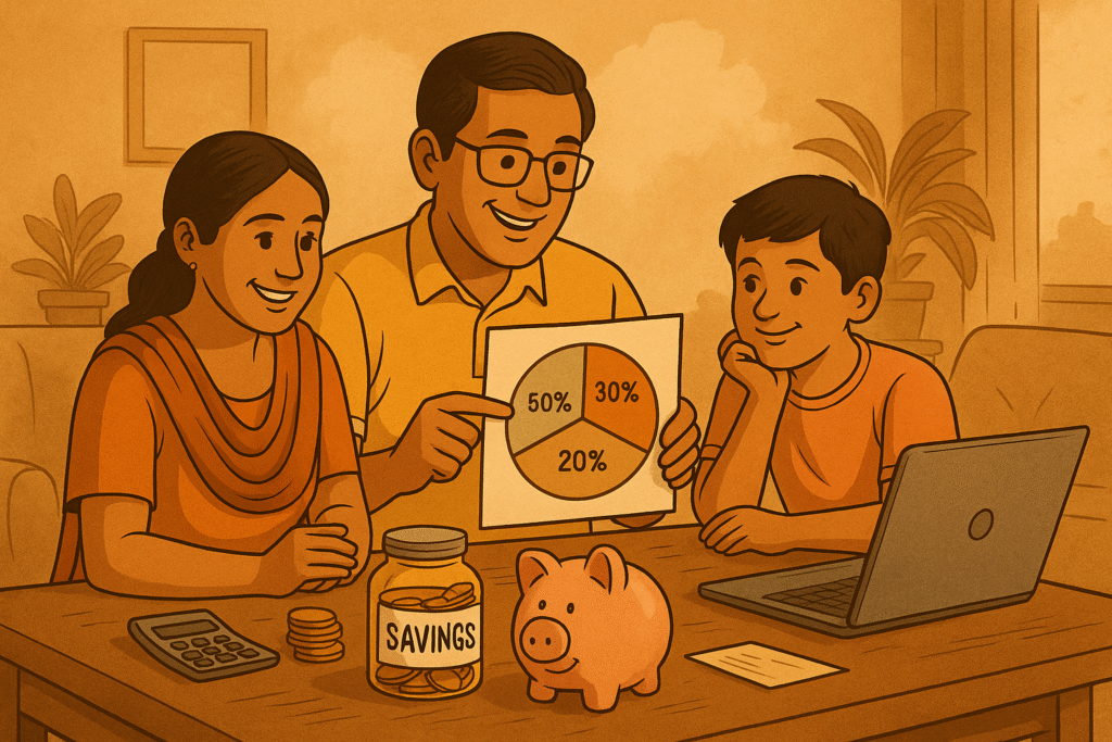 “personal finance tips Hindi mein – Indian family planning budget with savings jar, piggy bank and pie chart”